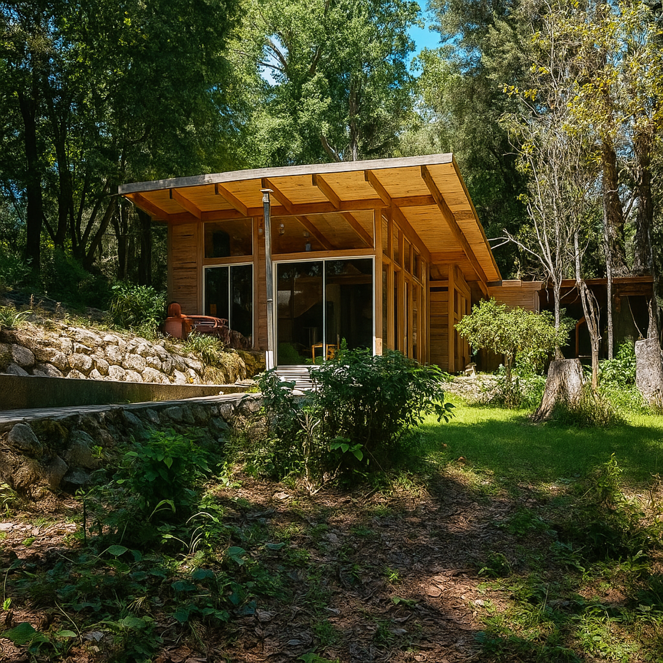Instalación de estructura modular de madera y acero para cabaña en el sur de Chile.
