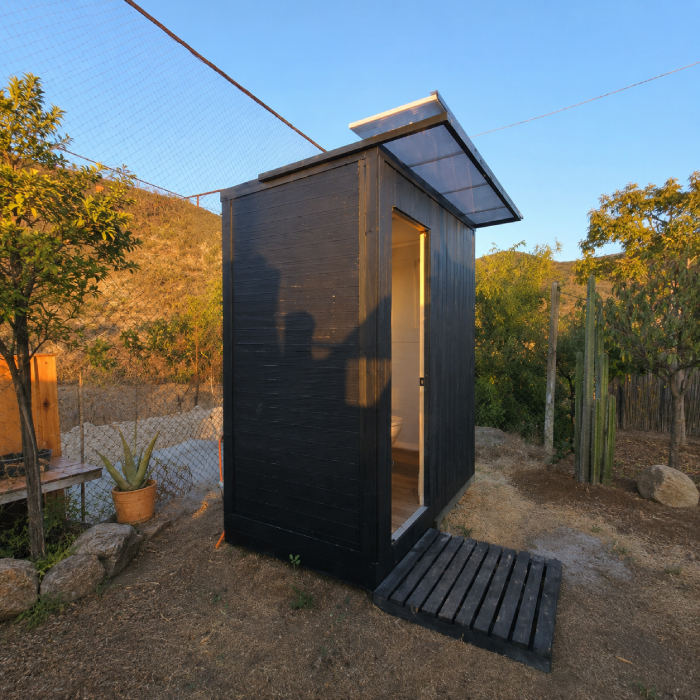 bano-modular-jardin-exterior Baño modular negro instalado en patio o jardín exterior