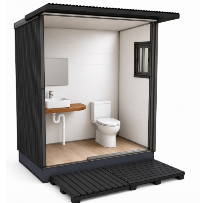 bano-modular-jardin-interior Interior de baño modular compacto para jardín con WC, lavamanos y ducha