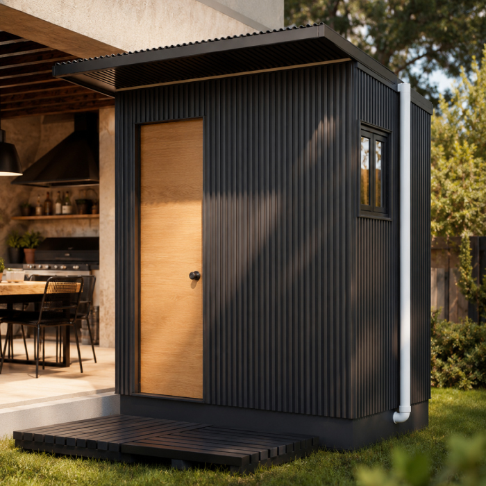 bano-modular-quincho-exterior Baño modular para jardín exterior con revestimiento negro y puerta de madera