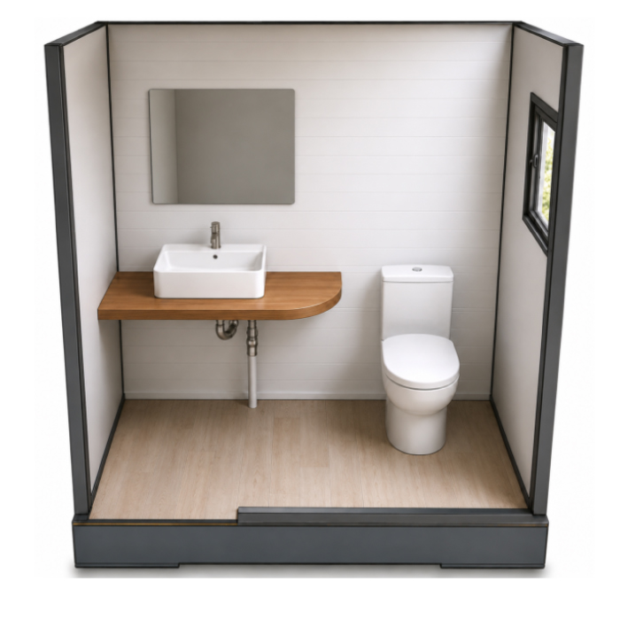 bano-modular-quincho-interior-3d Render interior de baño modular para jardín con lavamanos, WC y ducha