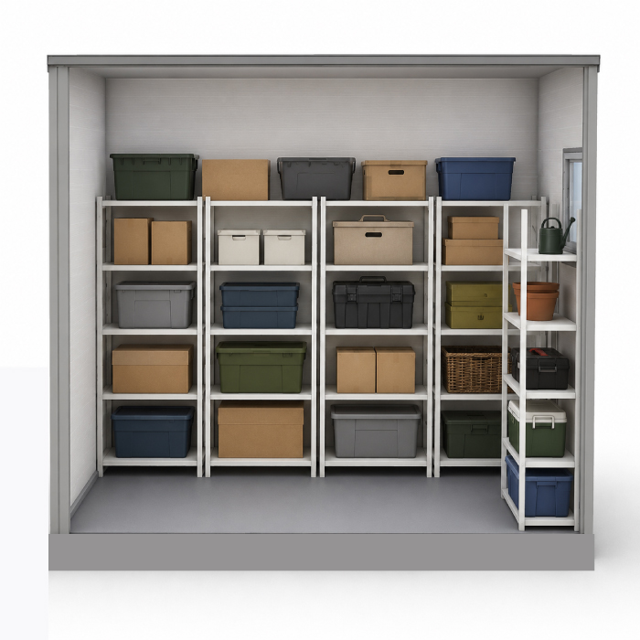 bodega-modular-interior-organizacion-cajas Interior de bodega modular mediana con repisas para almacenamiento organizado
