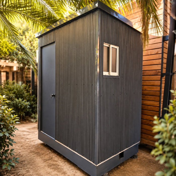 bodega-modular-jardin-exterior-ordenada Bodega modular exterior para jardín con revestimiento gris oscuro