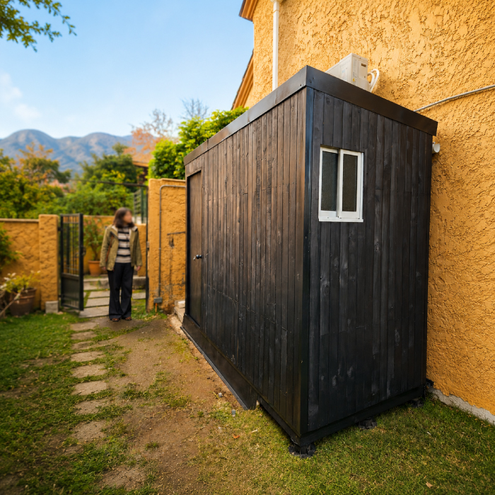 bodega-modular-jardin-instalada-en-casa Bodega modular mediana exterior con revestimiento negro y ventana lateral
