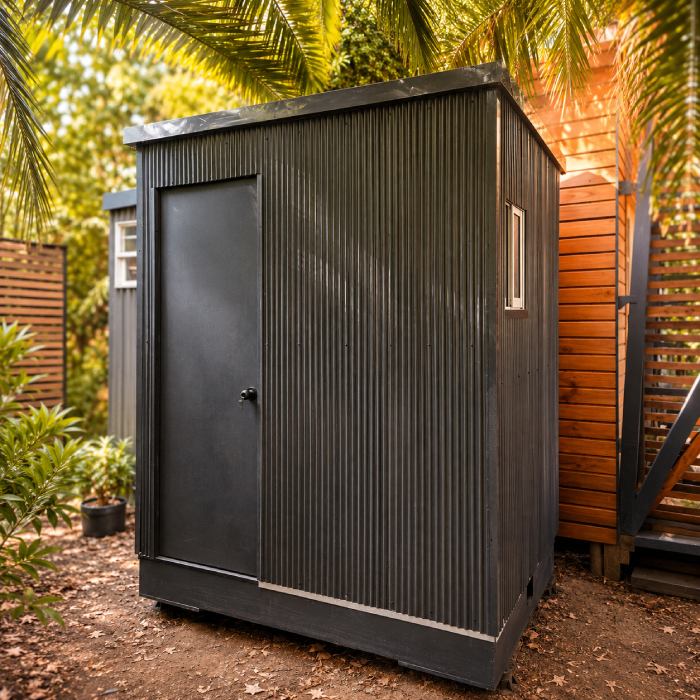 bodega-modular-jardin-santiago Bodega modular instalada en jardín con puerta frontal y revestimiento oscuro