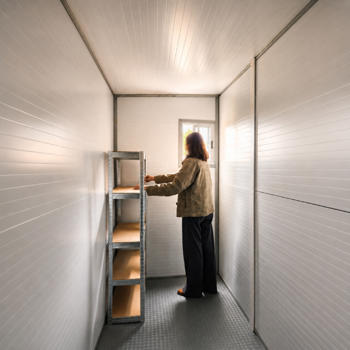 bodega-modular-para-jardin-interior-repisas Interior de bodega modular amplia con repisas y espacio de almacenamiento