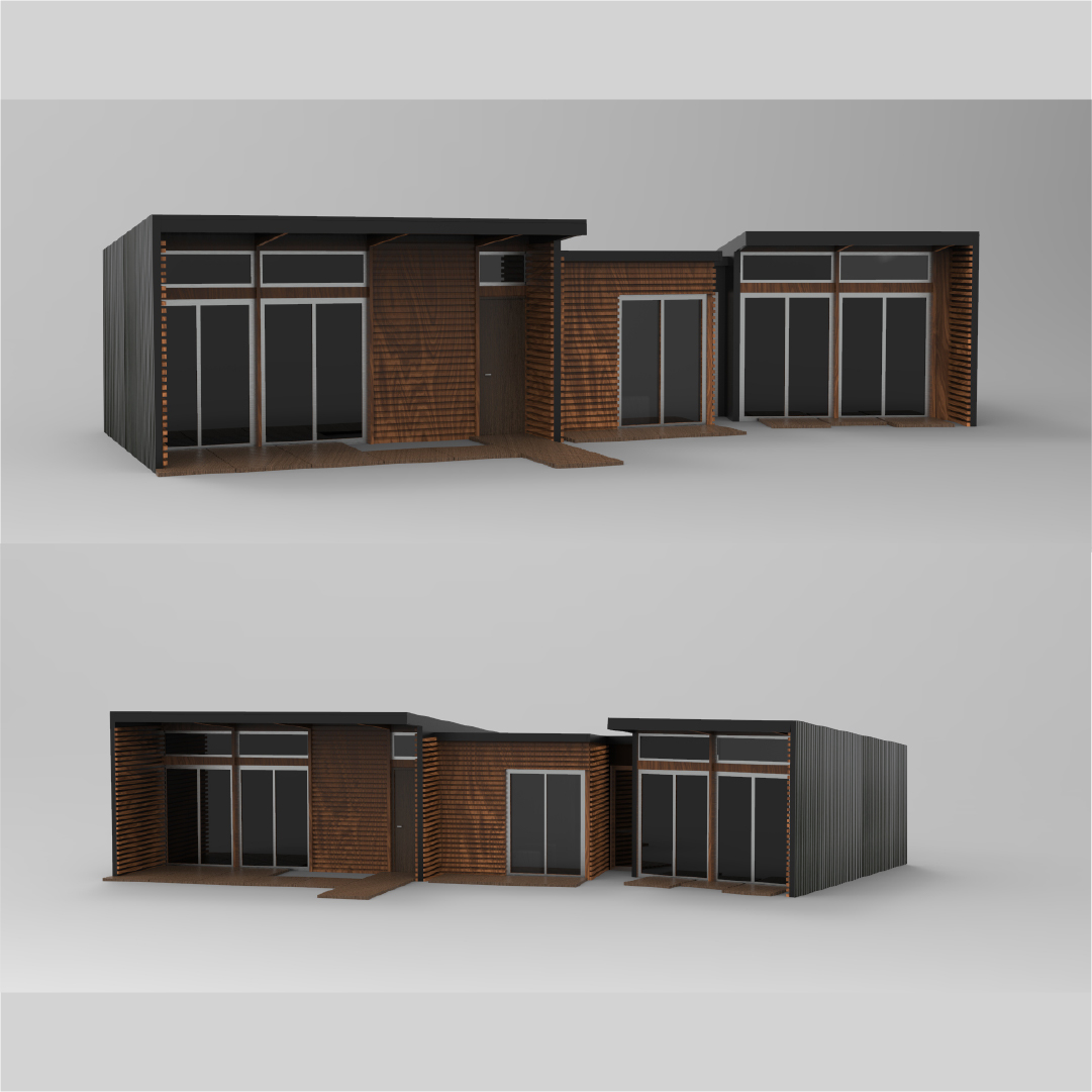 refugio-modular-elevaciones-diseno-casa Diseño exterior de refugio modular personalizado con módulos conectados Para este producto, usaría como título: