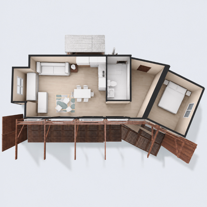 refugio-modular-planta-3d-diseno-arquitectonico Plano de refugio modular personalizado con espacios interiores y terraza